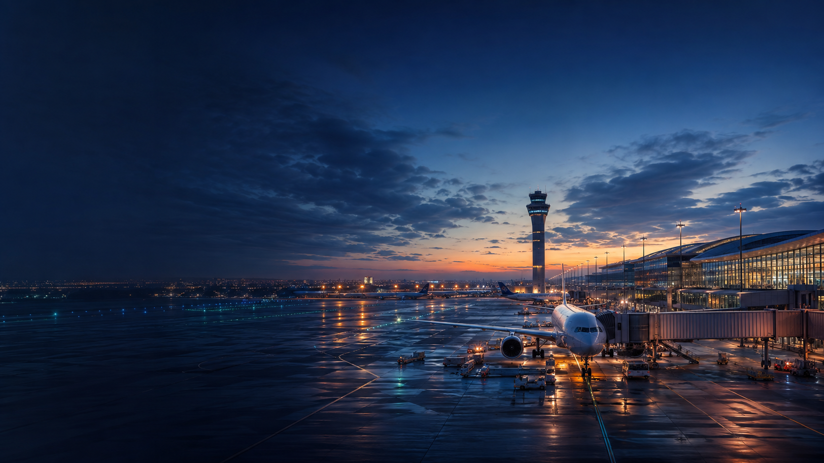 Twilight view of a major airport terminal, control tower and an aircraft at the gate