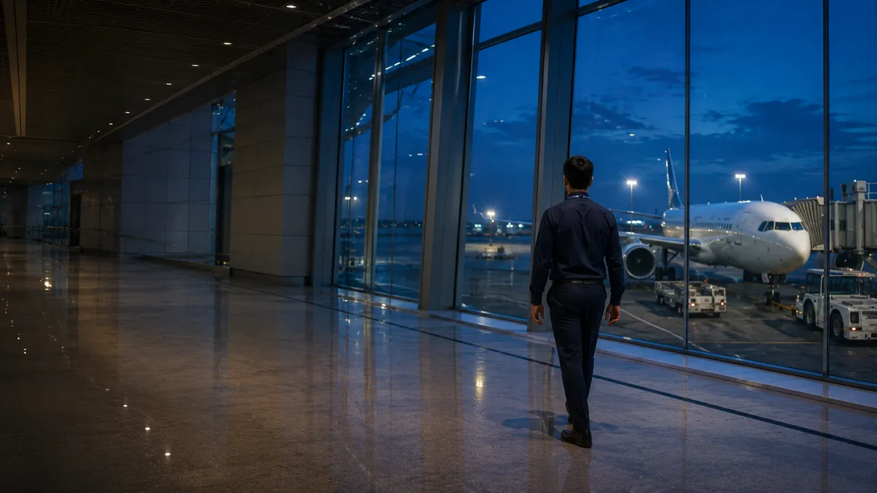 Young aviation professional walking through a modern airport terminal toward the airside environment.