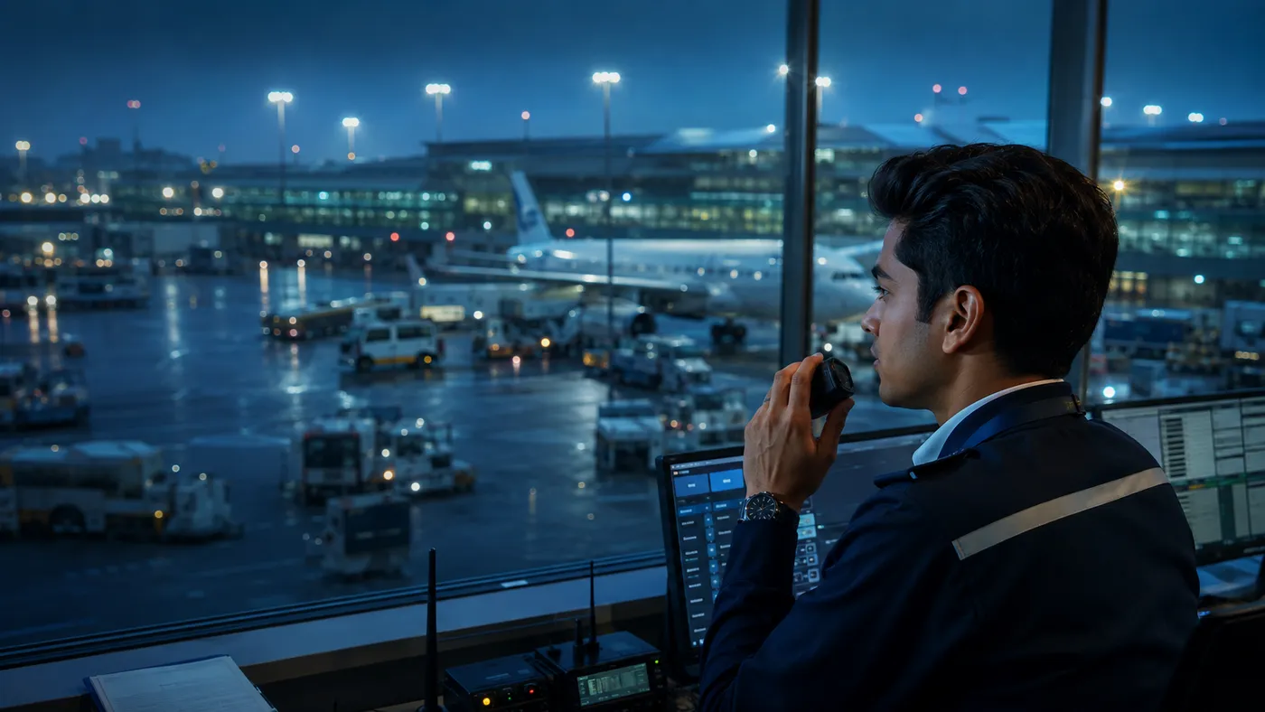 Airport operations professional with a radio coordinating activity by the terminal window at dusk.