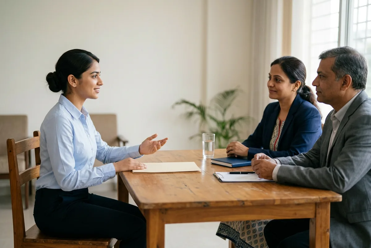 A young candidate in a formal shirt answers a question across a table from two interviewers in a bright meeting room.