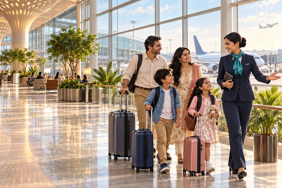 A meet-and-assist host in a navy uniform walks beside a family of four with their suitcases through a bright terminal, pointing the way ahead.