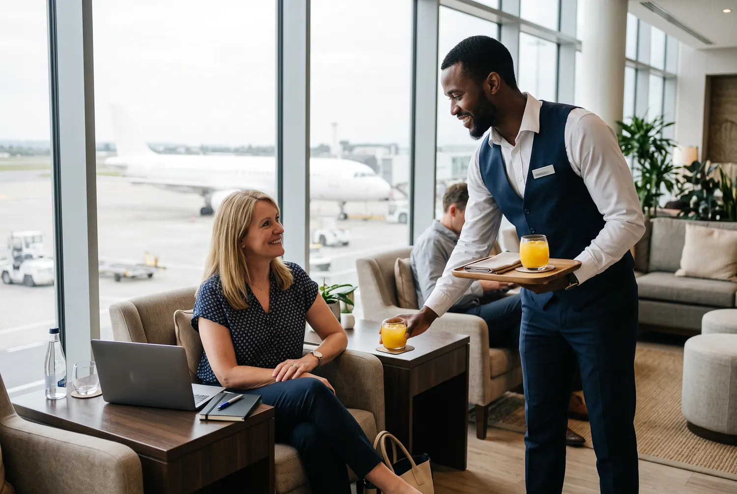 A lounge host serving a drink to a seated traveller