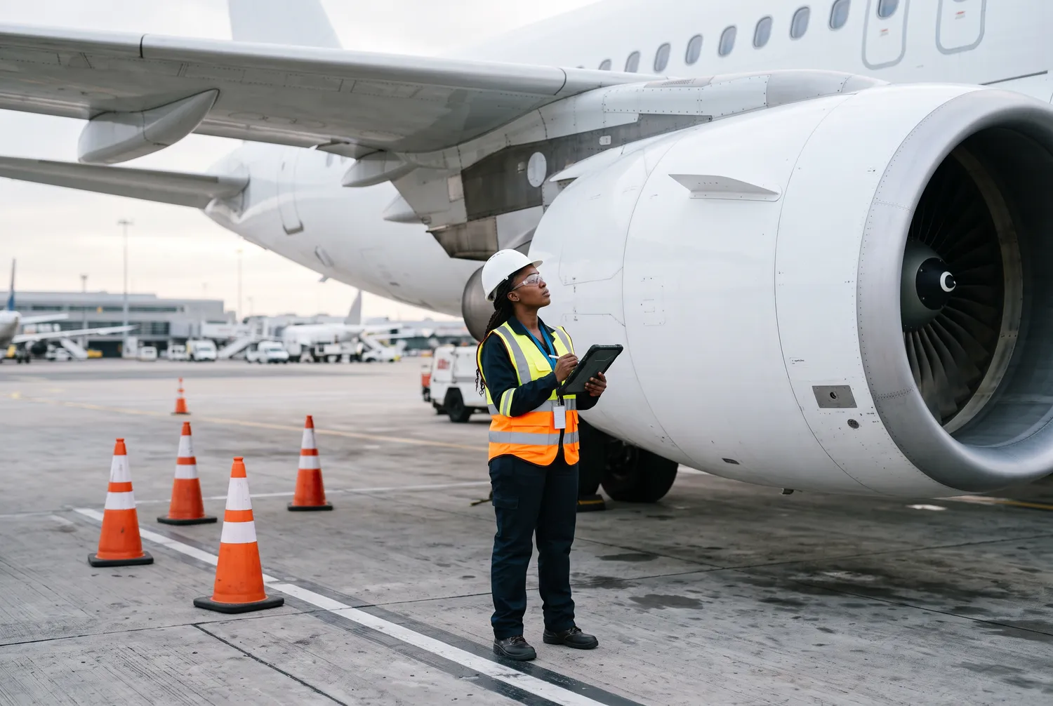 A safety officer in a hard hat inspecting an aircraft engine from the ground