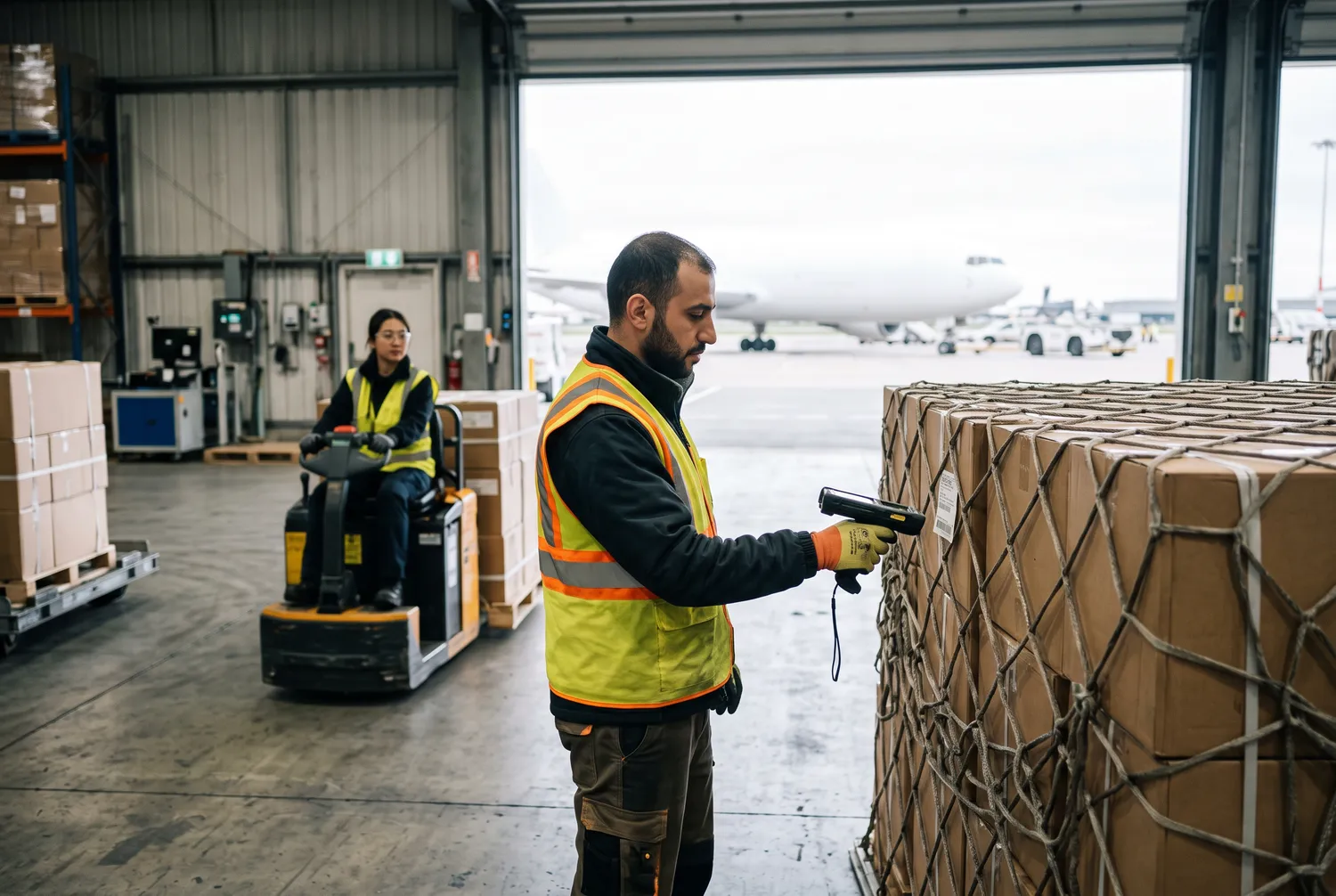 A cargo handler scanning a netted pallet in a warehouse