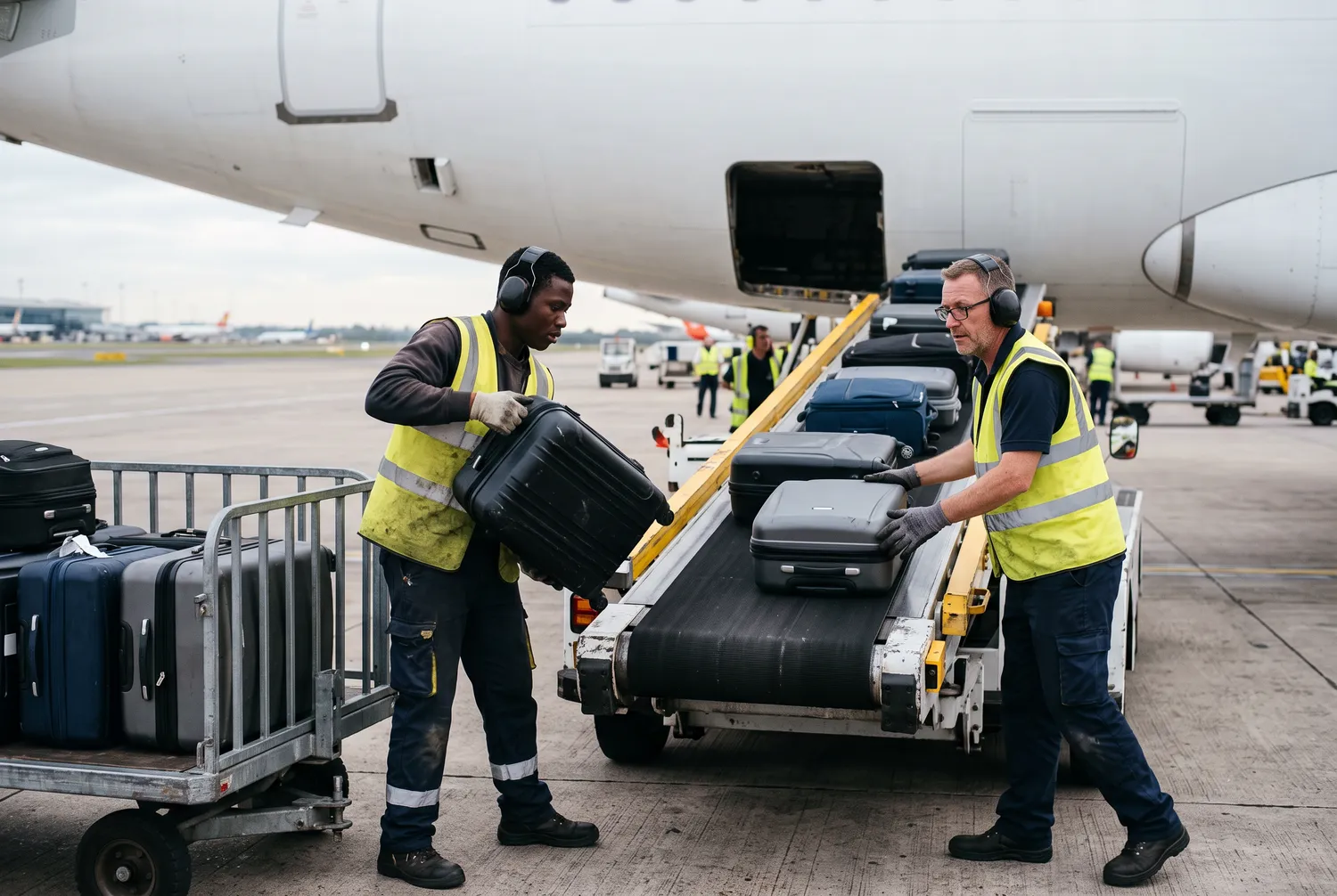 Two baggage handlers loading suitcases onto a belt loader beside an aircraft