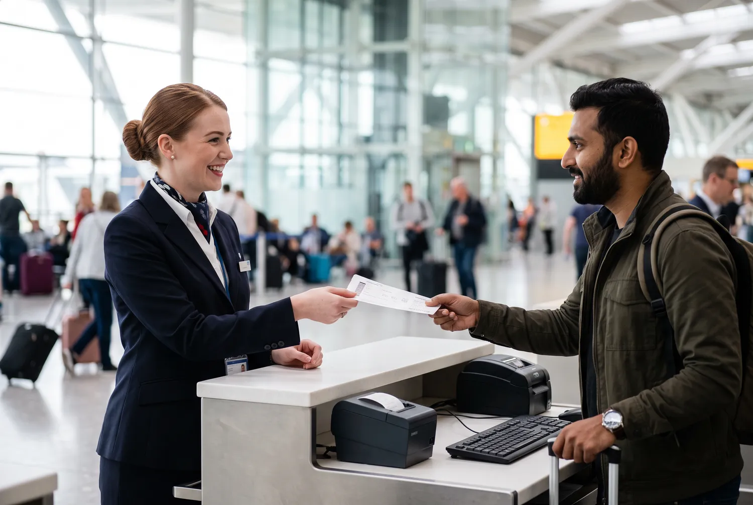 A passenger service agent handing a boarding pass to a traveller at a check-in counter
