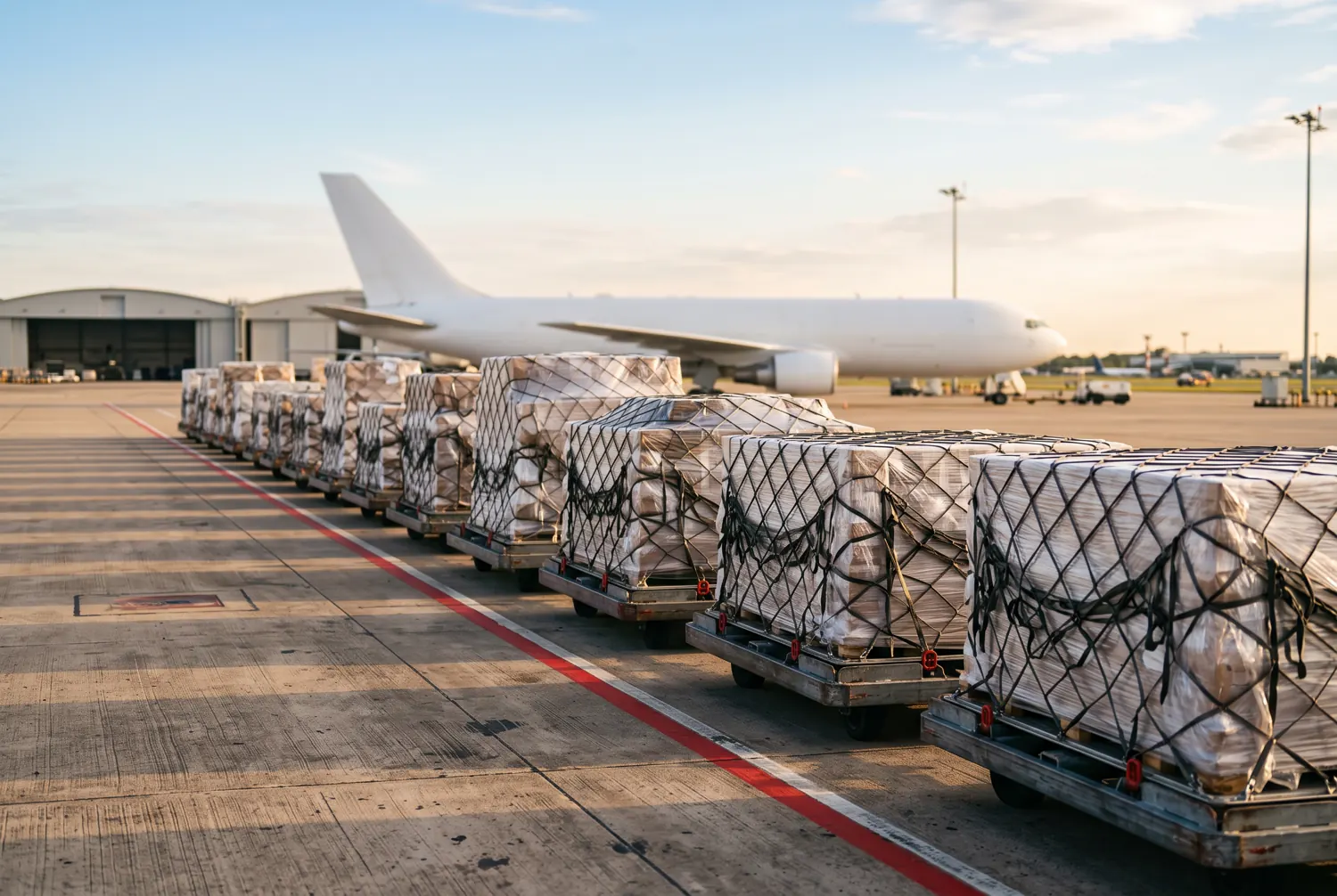 Netted cargo pallets lined up on the apron with a freighter aircraft in the distance