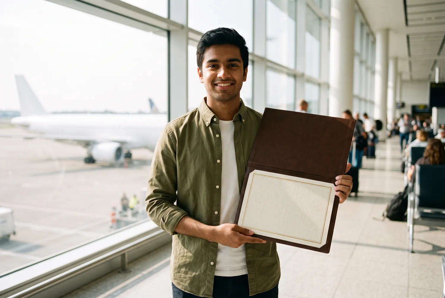 A smiling young man in an airport terminal holding up an open certificate folder