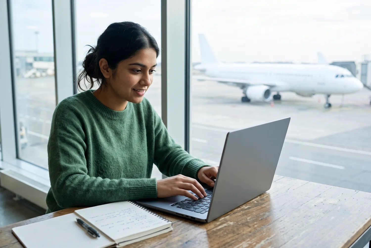 A student in a green jumper working on a laptop at a table by an apron window, a notebook beside her and an aircraft outside