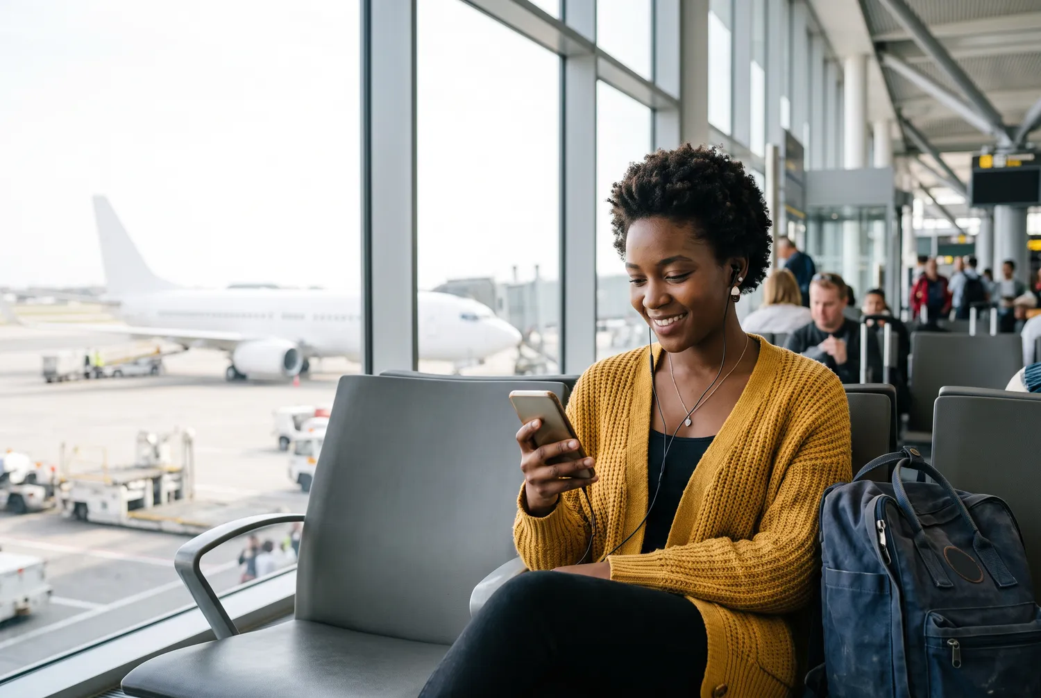 A young woman with earphones smiling as she reads on her phone in an airport terminal, an aircraft parked outside the window