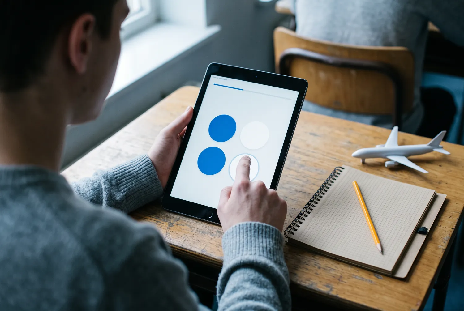 Hands answering a multiple-choice quiz on a tablet at a desk, with a notebook, a pencil and a model aircraft beside it