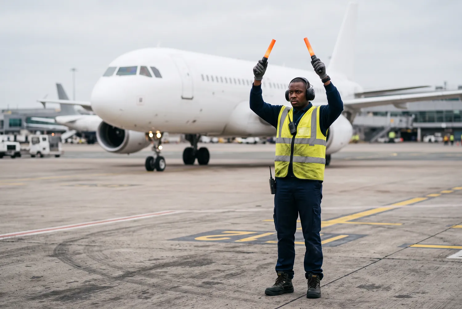 A marshaller in a high-visibility vest signalling to an aircraft with two red paddles