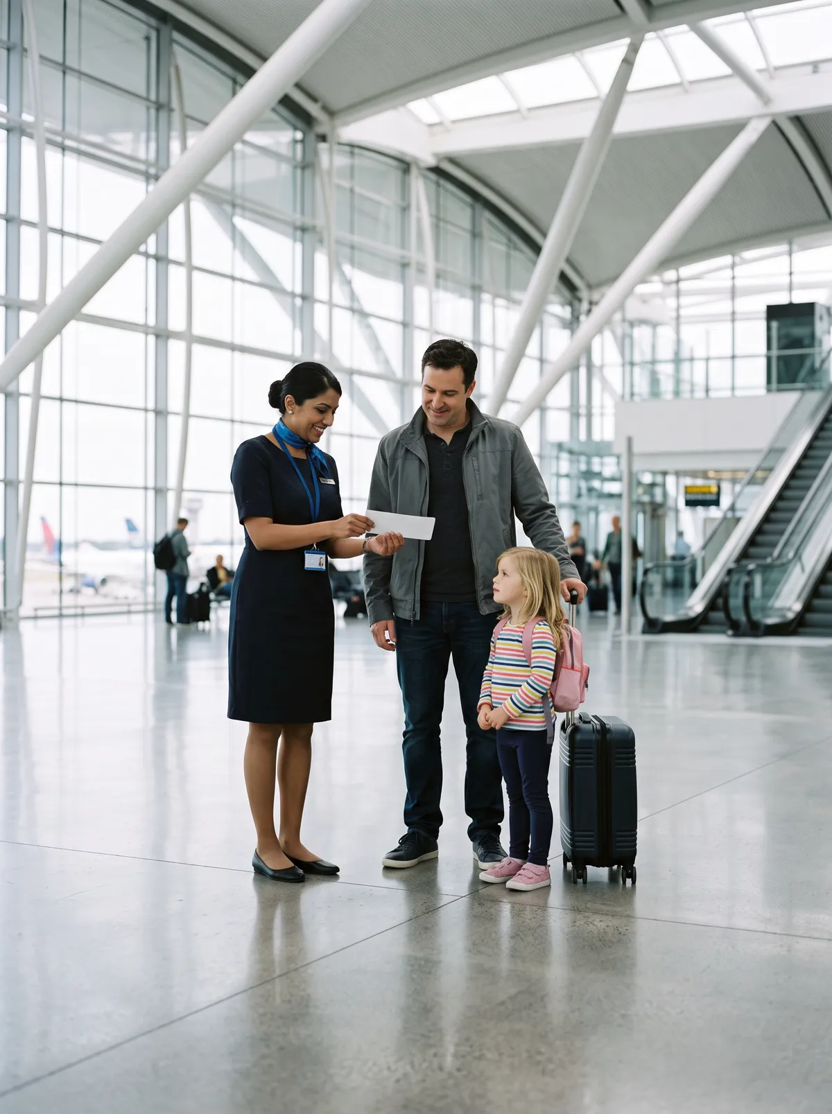 A passenger service agent showing a boarding pass to a father and his daughter