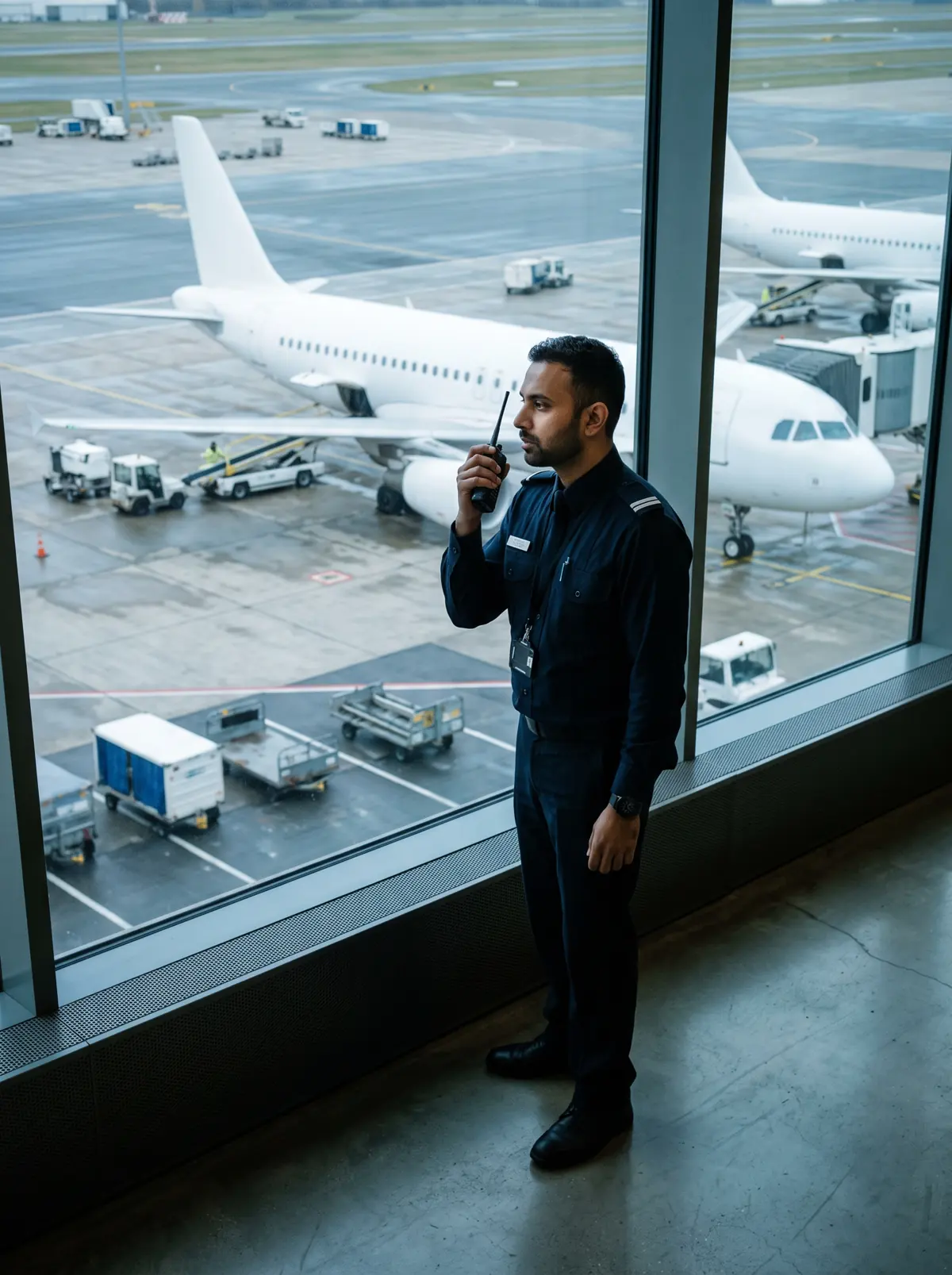 An airport operations officer with a radio looking out over the apron