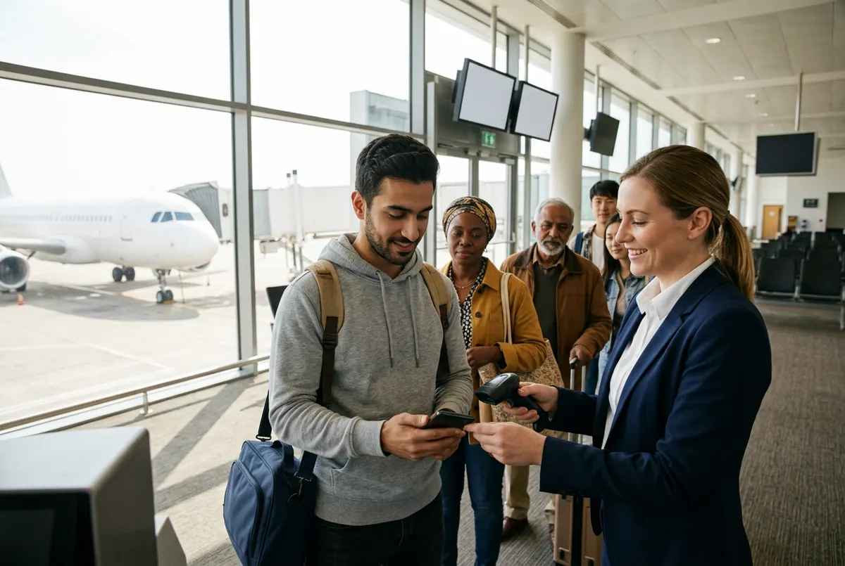 A gate agent scans a passenger’s boarding pass at a boarding gate, with a queue of passengers behind.