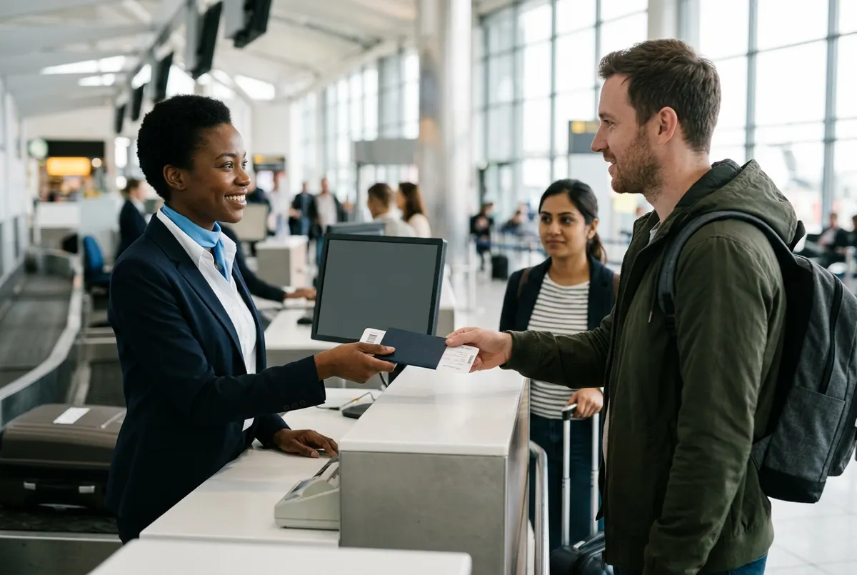 A check-in agent hands a boarding pass and passport back to a passenger at a check-in desk.