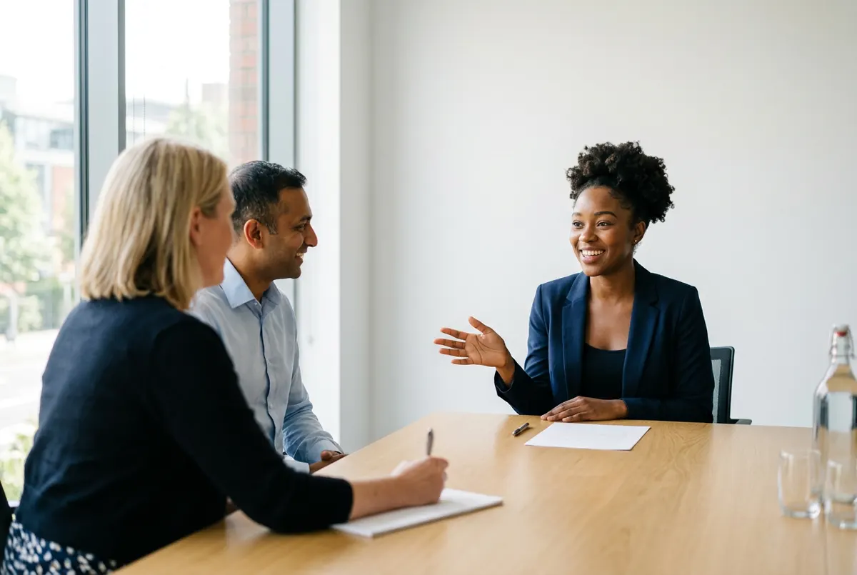 A candidate in smart clothes answers a question in an interview with two recruiters.