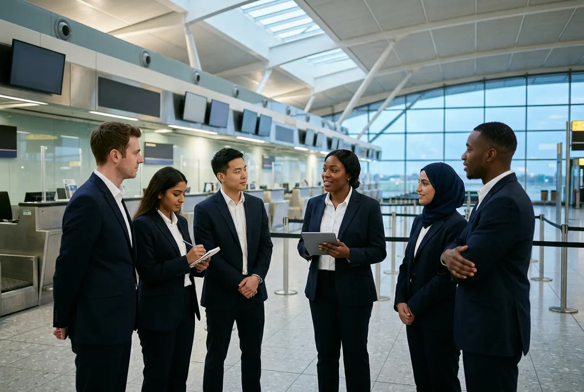 A passenger services team stands in a short briefing with their supervisor before a shift.