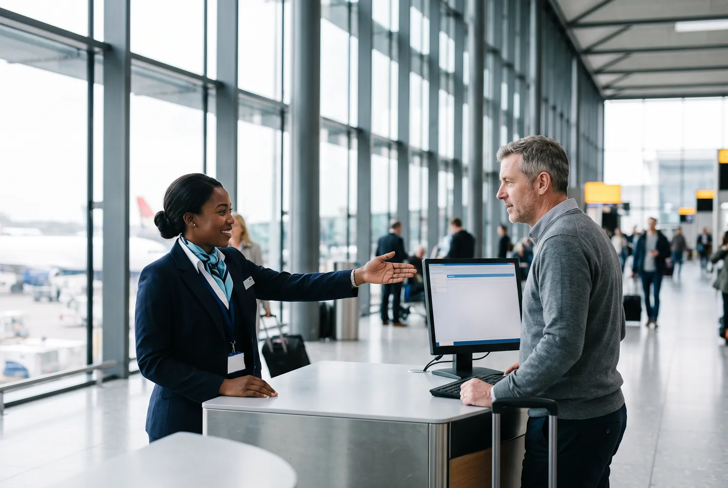 A service agent at a desk helping a passenger who is holding a small child